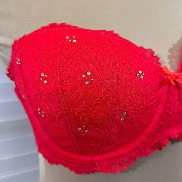 VS Dream Angles Bra Size 32DD Demi Lace Rhinestone Underwire Strapless - Picture 3 of 16